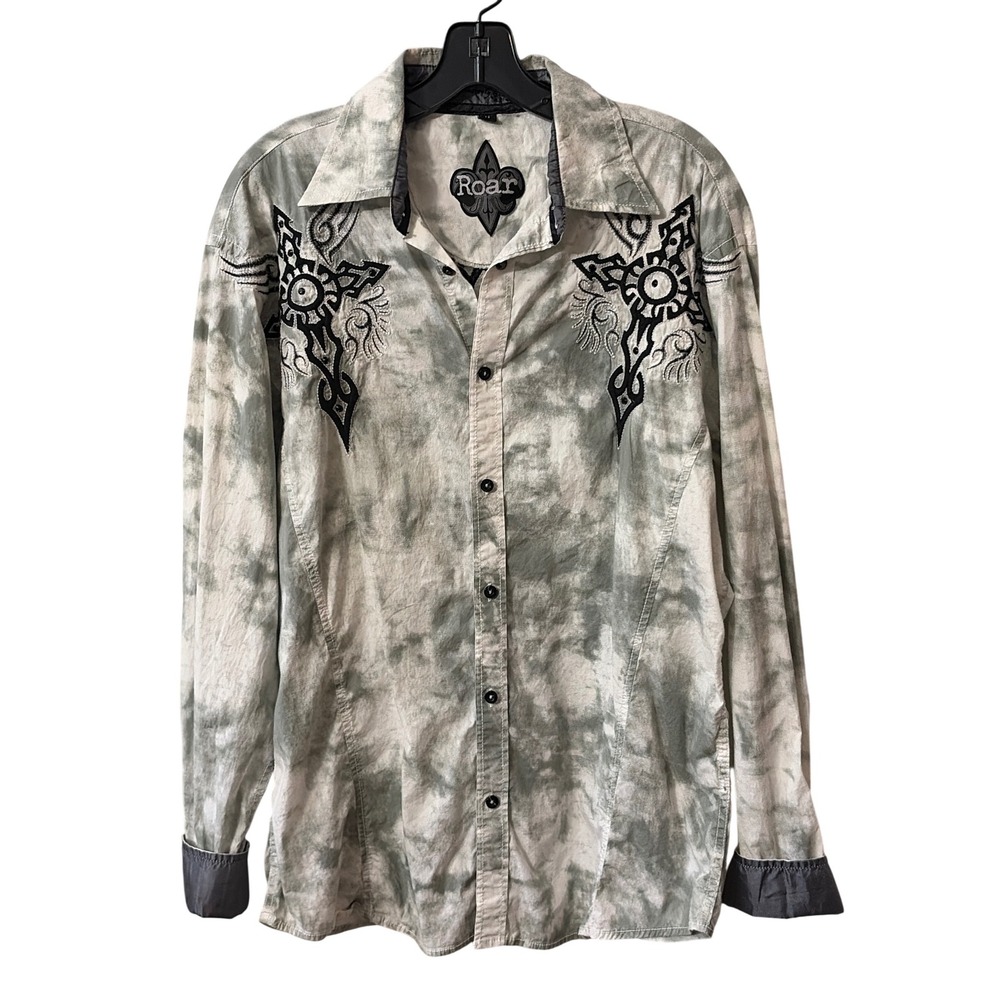 Roar Fundamental Mens Medium Grey Tie Dye Embroidered Cross Button Down Shirt